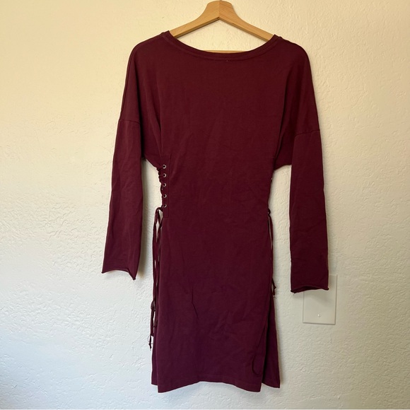 silence + noise UO Wine Side Lace Up Cinch Long sleeve Mini Dress, Size S - Picture 6 of 9
